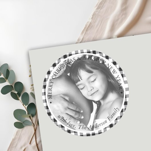 Kerstfoto Zwart Wit Plaid Gingham Patroon Ronde Sticker