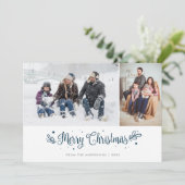 Kerstfotoalbums met blauwe strepen en kalligrafie feestdagenkaart (Staand voorkant)