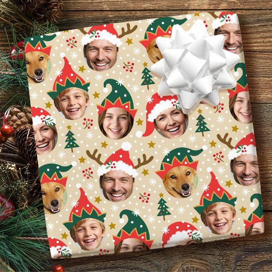 Kerstfotocollage Feestelijk Grappig Gezicht Beige Cadeaupapier