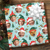 Kerstfotocollage feestelijk grappig gezicht blauw cadeaupapier