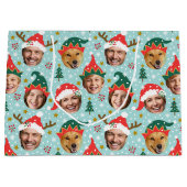 Kerstfotocollage feestelijk grappig gezicht blauw groot cadeauzakje (Voorkant)