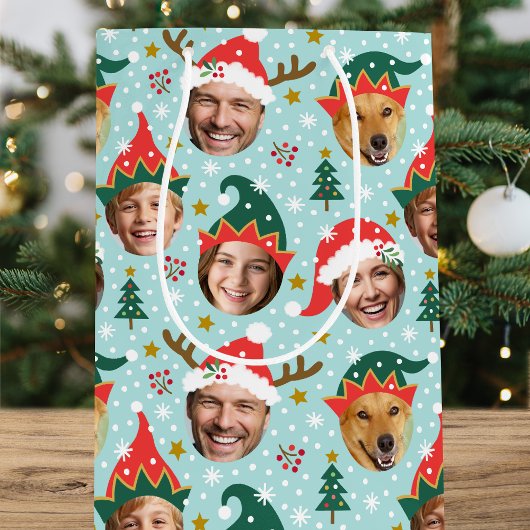 Kerstfotocollage feestelijk grappig gezicht blauw medium cadeauzakje