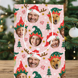 Kerstfotocollage Feestelijk Grappig Gezicht Roze Medium Cadeauzakje