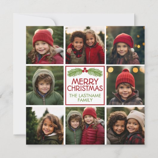 Kerstfotocollage met bijtende pine feestdagenkaart (Voorkant)