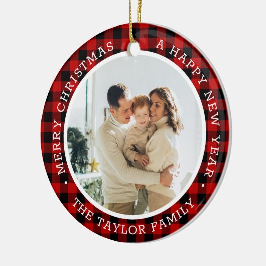 Kerstfotofamilie rood keramisch sieraadje keramisch ornament (Links)