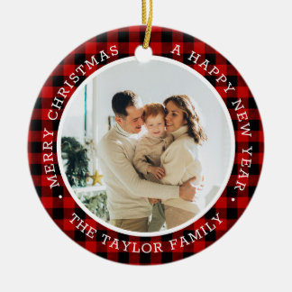 Kerstfotofamilie rood keramisch sieraadje ornament