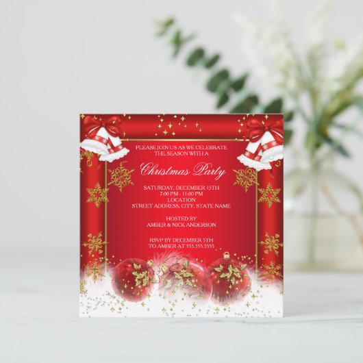 Kerstfotofeestdag Red Gold Bauble Kaart (Staand voorkant)