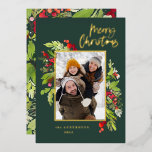 Kerstfotogroen bladgroen, elegant modern folie feestdagenkaart<br><div class="desc">Foto waterverf floral and foliage kerstmis folie Holiday card. Mooie waterverf schilderde bladeren en moderne scripttekst. Een deel van een collectie.</div>