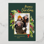 Kerstfotogroen bladgroen, elegant modern folie feestdagenkaart (Voorkant)