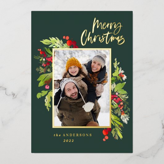 Kerstfotogroen bladgroen, elegant modern folie feestdagenkaart (Voorkant)