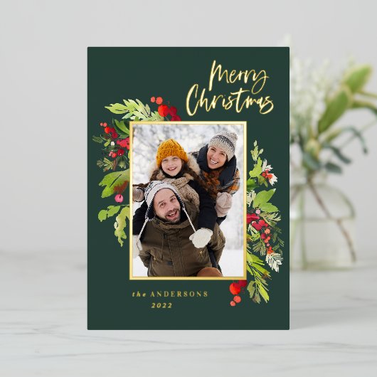 Kerstfotogroen bladgroen, elegant modern folie feestdagenkaart (Staand Voorkant)
