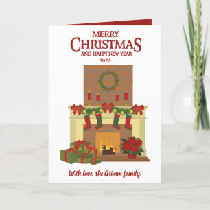 Kerstfotokaart fireplace Red White, foto Feestdagen Kaart