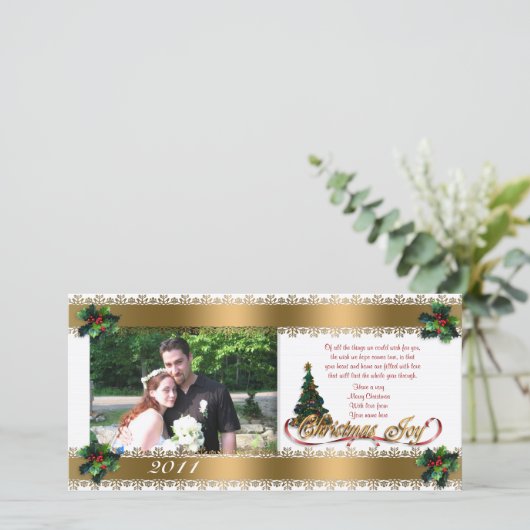 Kerstfotokaart heilig en gouden linten feestdagenkaart (Staand voorkant)