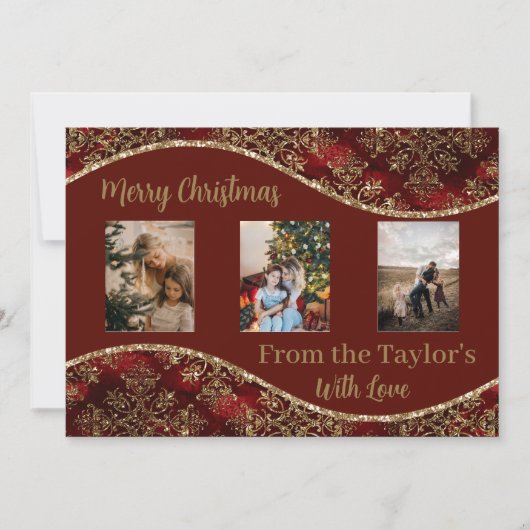 Kerstfotokaart met de Rood Gold Glittery Border Feestdagenkaart (Voorkant)
