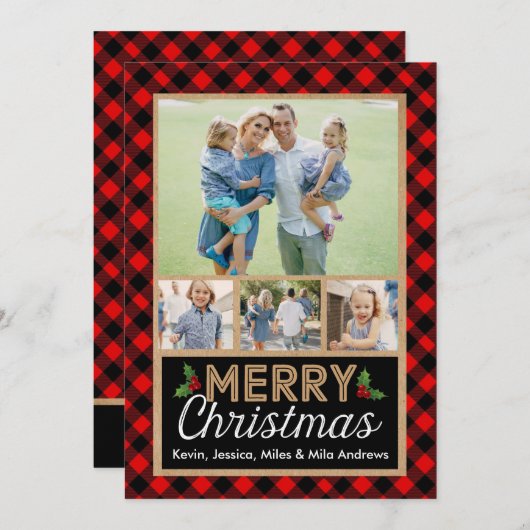 Kerstfotokaart met rood en zwart buffel feestdagenkaart (Voorkant / Achterkant)