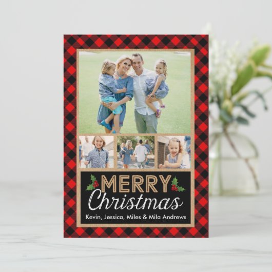 Kerstfotokaart met rood en zwart buffel feestdagenkaart (Staand voorkant)