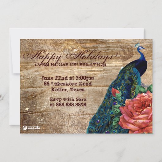  kerstfotokaart Peacock Roos Wood Kaart (Voorkant)
