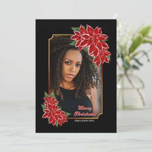Kerstfotokaart Red Poinsettia Black Border Feestdagenkaart (Staand voorkant)