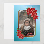 Kerstfotokaart Red Poinsettia Blue Border Feestdagenkaart (Voorkant / Achterkant)