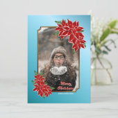Kerstfotokaart Red Poinsettia Blue Border Feestdagenkaart (Staand voorkant)