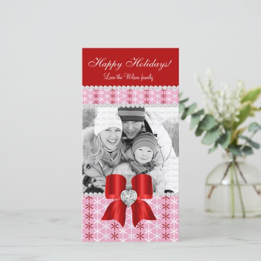 Kerstfotokaart Rood roze sneeuwblok 3 Feestdagenkaart (Staand voorkant)