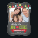 kerstfotokaart voor de Cute Chalkboard-serie Feestdagenkaart<br><div class="desc">Schattigee beugel die gesneden trendy krijtbord familie kerstkaart met snoep stokken, wanten, retro ornamenten met de vakantie gezegde "Wishing you Joy & Cheer" in rood & groen typografie. Flip onze fotokaart over naar het uitzichten van een coördinerende sneeuwvlok krijtbordpatroon terug voor een extra speciale touch. Verkrijgbaar in een moderne beugel...</div>