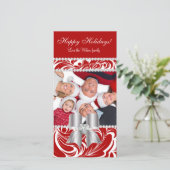 Kerstfotokaart Wervelt Rood Juweel Bow Wit Feestdagenkaart (Staand voorkant)