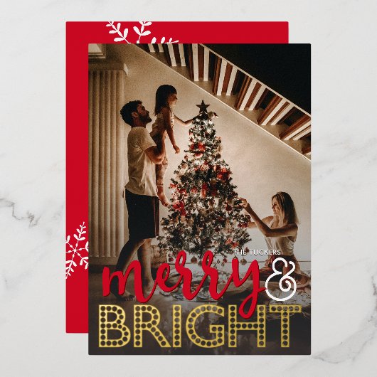 kerstfoto's met Merry & BRIGHT-overlay Folie Feestdagenkaart (Voorkant / Achterkant)