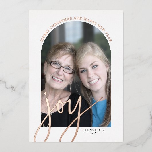kerstfoto's Verticaal - JOY Roos Gold Folie Feestdagenkaart (Voorkant)
