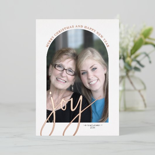 kerstfoto's Verticaal - JOY Roos Gold Folie Feestdagenkaart (Staand Voorkant)