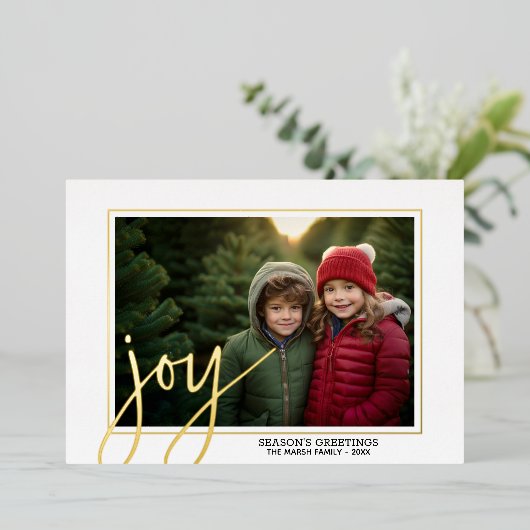 Kerstfotoscript Gold JOY - kerstcadeautje Folie Feestdagenkaart (Staand Voorkant)