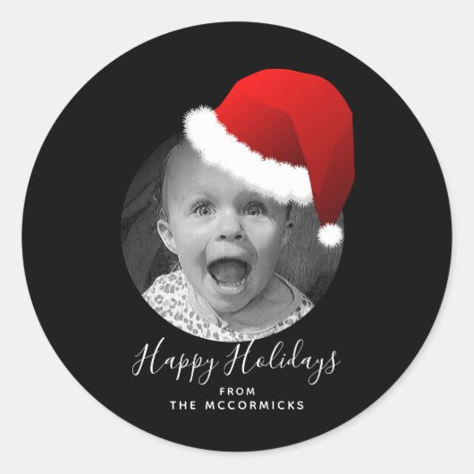 Kerstfotoscript Prettige feestdagen Santa Hat Ronde Sticker (Voorkant)