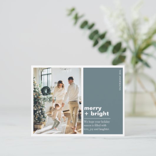 Kerstfotoserie | Merry + Bright Blauw Briefkaart (Staand voorkant)