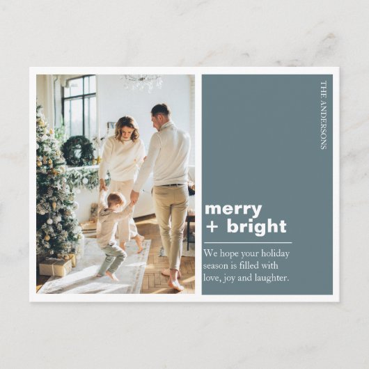 Kerstfotoserie | Merry + Bright Blauw Briefkaart (Voorkant)