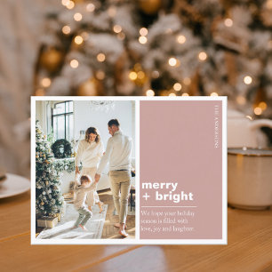 Kerstfotoserie   Merry + Helder Roze Briefkaart