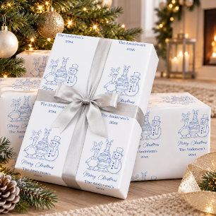 Kerstgans Familie Doodle blauw modern Cadeaupapier