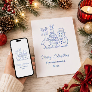 Kerstgans Familie Doodle blauw modern Feestdagenkaart