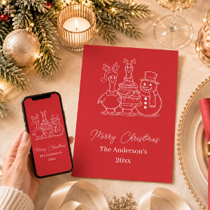 Kerstgans Familie Doodle rood modern Feestdagenkaart