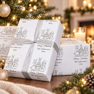 Kerstgans Familie Doodle zwart wit modern Cadeaupapier