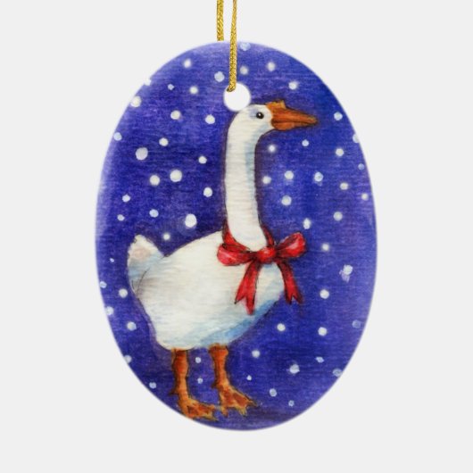 kerstgans met rode boog-versiering keramisch ornament (Achterkant)