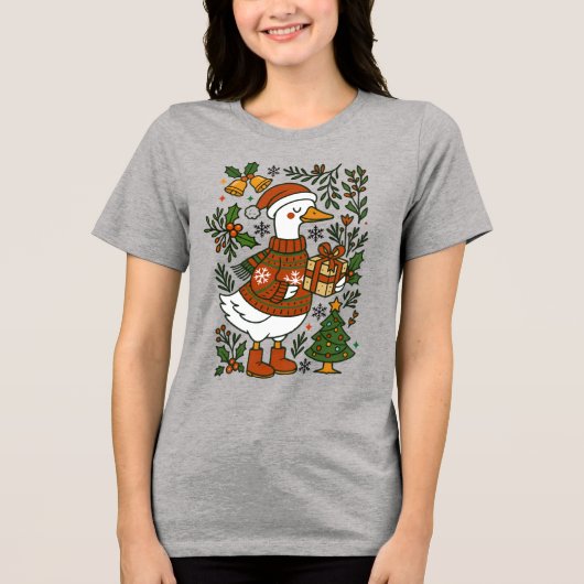 Kerstgans Schattig Winter Feest Bloemig Tri-Blend Shirt (Voorkant)
