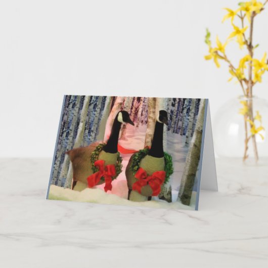 kerstganzen met rode sneeuwboeg kaart (Gele Bloem)