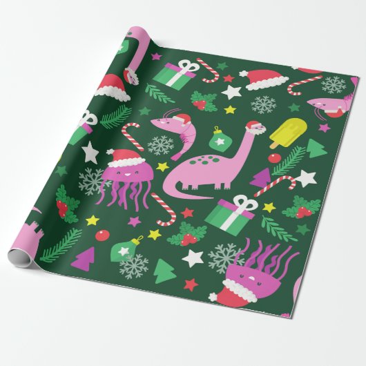 kerstgarnalen dinosaurus kwal kerstman cadeaupapier (Uitgerold)