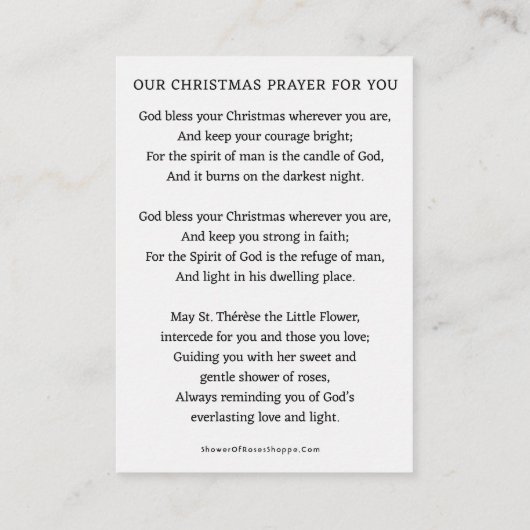 Kerstgebed Kaart met St. Thérèse en Pink Ch Plaatskaartje (Achterkant)