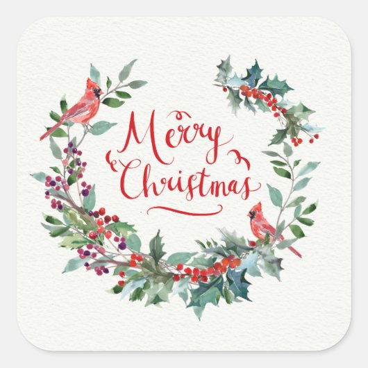 Kerstgebladerte, hulst, kardinaalvogel vierkante sticker (Voorkant)