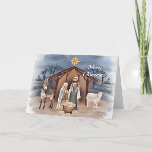 kerstgeboorte Dieren Christelijke Waterverf Feestdagen Kaart (Voorkant)