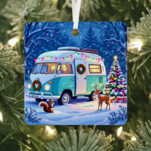 Kerstgedicht over vintage RV en bosdieren Metalen Ornament