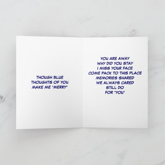 KERSTGEDICHT VOOR BLAUW ZONDER JOU FEESTDAGEN KAART (Binnen)