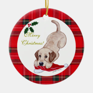 kerstgeel labrador Puppy Santa Hat Keramisch Ornament