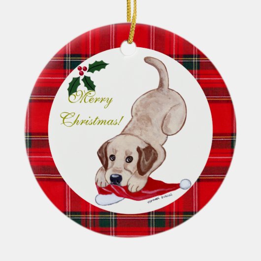 kerstgeel labrador Puppy Santa Hat Keramisch Ornament (Voorkant)